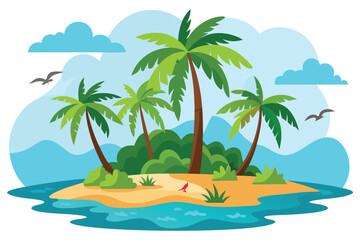 Tropical island with palm and birds