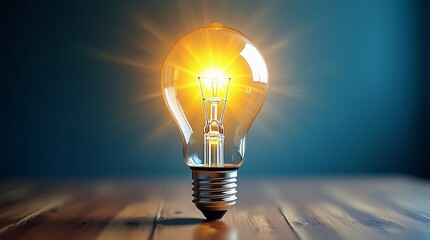  lit incandescent light bulb glowing against blue background