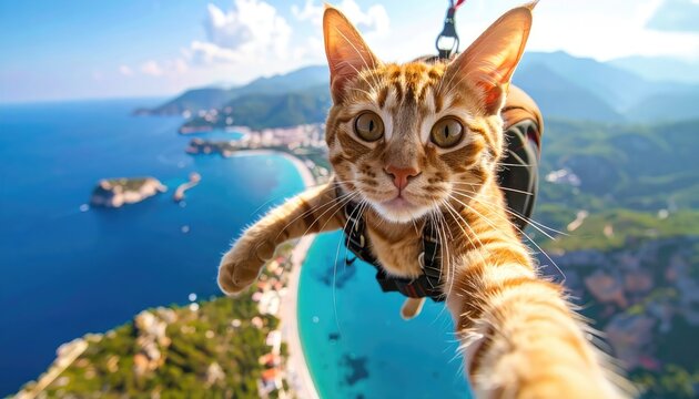 Adventurous Cat's Paragliding Selfie: Coastal Vista