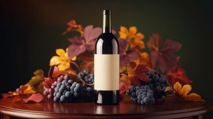 Bottle of Red Wine With Grapes and Autumn Leaves on Wooden Surface