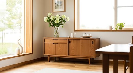 Modern wooden sideboard with hydrangeas and tea set near a bright window