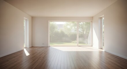 Empty modern room with large windows and hardwood floors bathed in sunlight