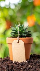 Small Green Succulent in Terracotta Pot with Blank Tag