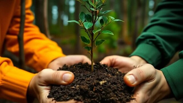 Teamwork and Environmental Stewardship: Hands Planting a Sapling in Rich Soil Together