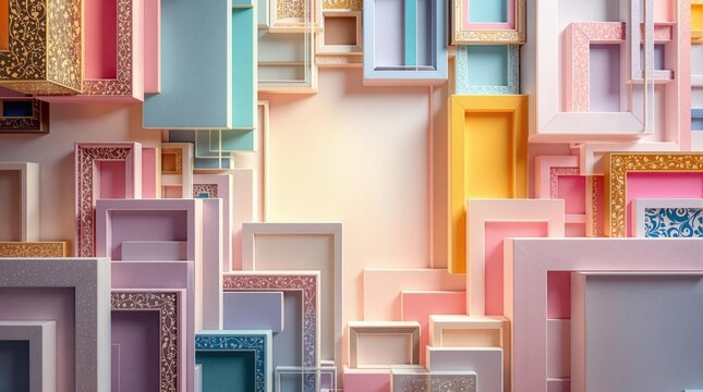 Pastel hued square picture frames fill the frame in a stacked, geometric art piece