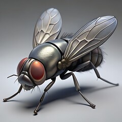 Detailed close up of a metallic fly with large red eyes and intricate wings