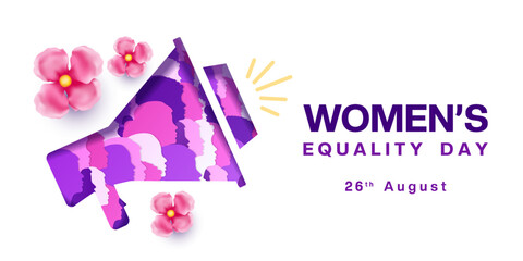 26th August is Womens Equality Day. Loudspeaker, womens and flower. Great for posters, banners and social media. White background.