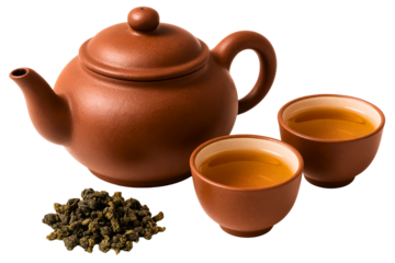 Traditional clay teapots and cups with loose-leaf oolong tea on a transparent background