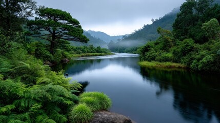 Serene River Meandering Through Lush Rainforest Landscape