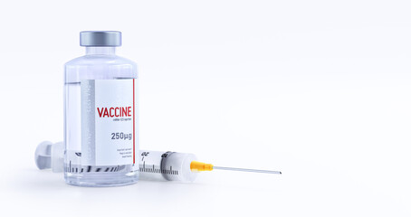 Mrna vaccine vial, syringe, white background. Sterile medical equipment dosage, injection, packaging. Pharmaceutical industry, healthcare technology, immunization, biotechnology, clinical research, 3D
