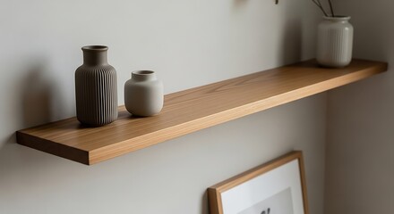 Minimalist wooden shelf with decorative vases and framed artwork on a neutral wall