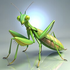 Detailed 3d render of a green praying mantis with reflective surface
