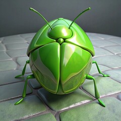 Shiny green beetle character with smooth shell and antennae on stone surface