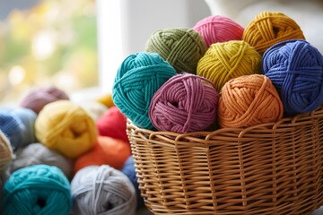 Colorful twisted yarn in a wicker basket