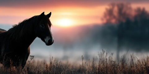Majestic horse standing in a misty field during sunrise with vibrant colors in the sky