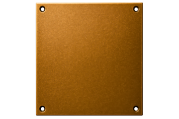 Blank square bronze metal plate with four holes for mounting on a transparent background