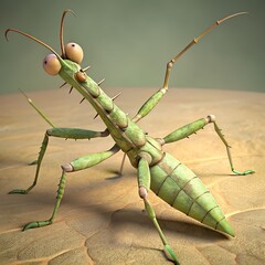 Whimsical green praying mantis with large googly eyes on a textured surface