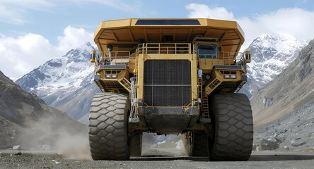 large mining truck with mountain background