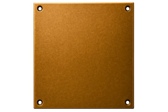 Blank square bronze metal plate with four holes for mounting on a transparent background