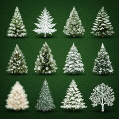 Collection of various Christmas trees illustrated in different styles and colors for holiday decoration ideas