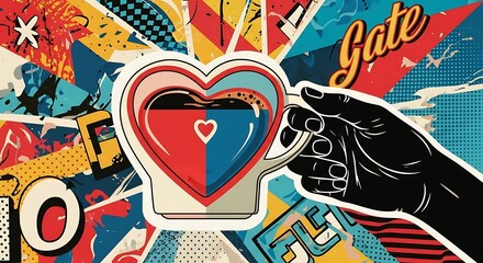 Fototapeta premium Vibrant pop art collage featuring a heart shaped coffee cup held by a hand and bold graphic elements with text