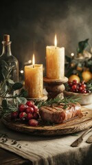 Cozy dinner setting with roast meat, candles, and seasonal decorations during a festive evening
