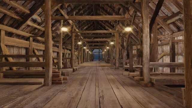 Interior of a traditional wooden barn showcasing rustic architecture and warm lighting at sunset