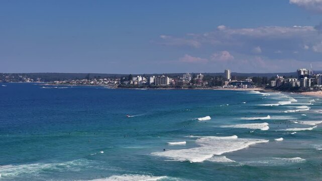 Sydney, NSW, Australia - UHD Video- Aerial View at Wanda Beach - Fly over drone with panoramic views of the beautiful string of beaches in Cronulla, located in Sydney South.