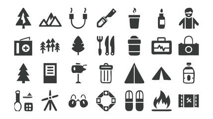 Obraz premium Collection of simple outdoor adventure and camping themed iconography vector graphics