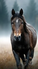 Obraz premium Majestic horse running through misty grasslands with trees in the background during early morning light