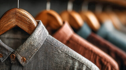 Several bright and colorful shirts hung on wooden hangers. They are neatly arranged in a row. The focus is on the bright details of the clothing, emphasizing their color and quality.