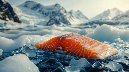 A piece of fresh salmon lying on pieces of ice in cold seawater, surrounded by an Arctic or Antarctic landscape.