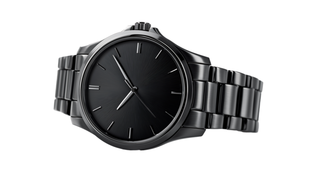 A sleek black wristwatch with a stainless steel band and analog face, displayed against transparent background 