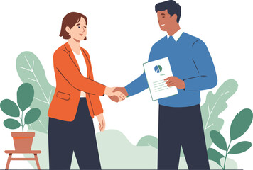 Confident professionals shaking hands, sealing a deal in a modern, green office setting