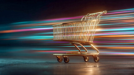 An empty metal shopping cart that appears to be moving at high speed, creating a blurred effect and light lines behind it. The speed of shopping, online shopping, or technological advancements 