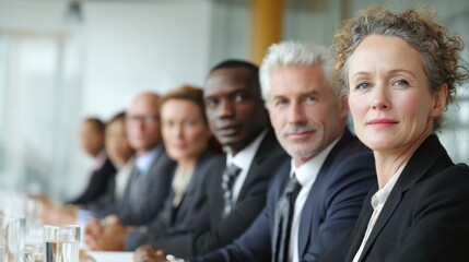 Obraz premium Group of diverse business professionals in formal attire seated at boardroom table looking forward — ideal for insurance leadership visuals, corporate trust and executive service concepts