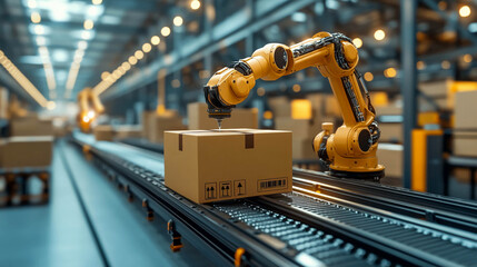 An automatic industrial line in a production workshop, where a robotic arm places or moves a box on a conveyor belt. Automation and innovation in production.
