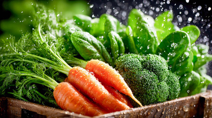 Fresh carrots and broccoli lying in a wooden basket. The vegetables are covered with water droplets. The water on the vegetables gives the impression of recent washing and naturalness.