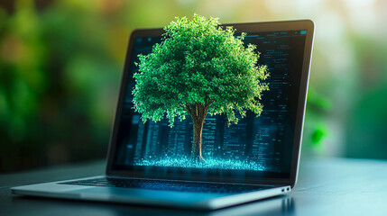 A laptop with a young green tree growing on its keyboard. The idea of growth, ecology, technology, and natural resources related to modern innovations and sustainable development.