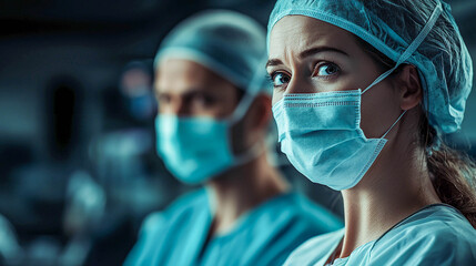 Two medical professionals wearing medical uniforms and masks. Both are wearing surgical caps and masks, indicating a professional setting in an operating room or medical facility.