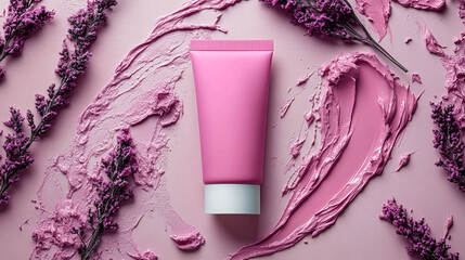 An empty pink cosmetic tube on a pink background. Smears and sculptural layers of cream are scattered around it, along with branches with small lilac flowers. This is an advertisement for cosmetics
