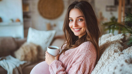 A pregnant young woman sitting on a sofa in a cozy home environment. She is holding a mug of hot drink.