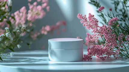 An empty white cosmetic or decorative jar on a white surface. Around it are branches with pink and white flowers. For advertising cosmetics, skin care, or decorative products.