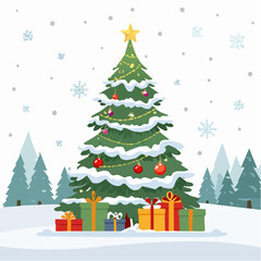 Obraz premium Flat vector of a whimsical Christmas tree with oversized gifts, featuring a colorful, decorated tree with exaggerated presents underneath and bright ribbon accents