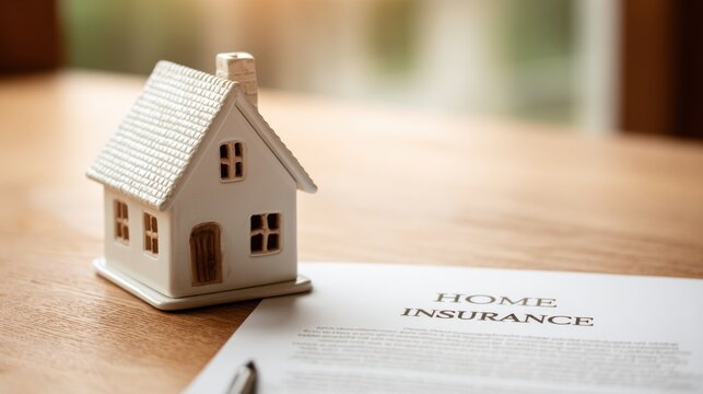 Home insurance concept with miniature white house model and document labeled home insurance on wooden table in natural light perfect for real estate safety and housing coverage visuals - Powered by Adobe