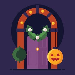 Festive halloween door decorated with a wreath and jack o lantern