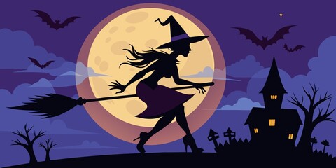 Silhouette of a witch flying on a broomstick against a large full moon