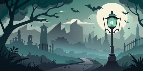 Spooky halloween night landscape with a glowing lantern and flying bats