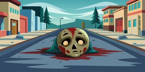 Creepy mask with blood splatters lies on a deserted street in this illustration