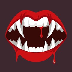 Graphic illustration of a vampire mouth with sharp fangs and dripping blood
